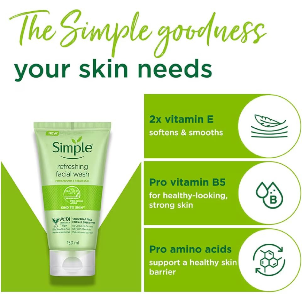 Simple Refreshing Facial Wash – Kind to Skin, Pro-Vitamin B5 + E (150mL)