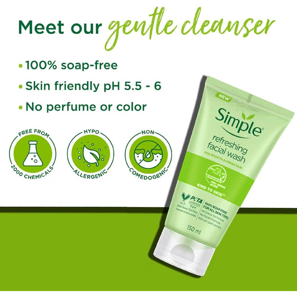 Simple Refreshing Facial Wash – Kind to Skin, Pro-Vitamin B5 + E (150mL)