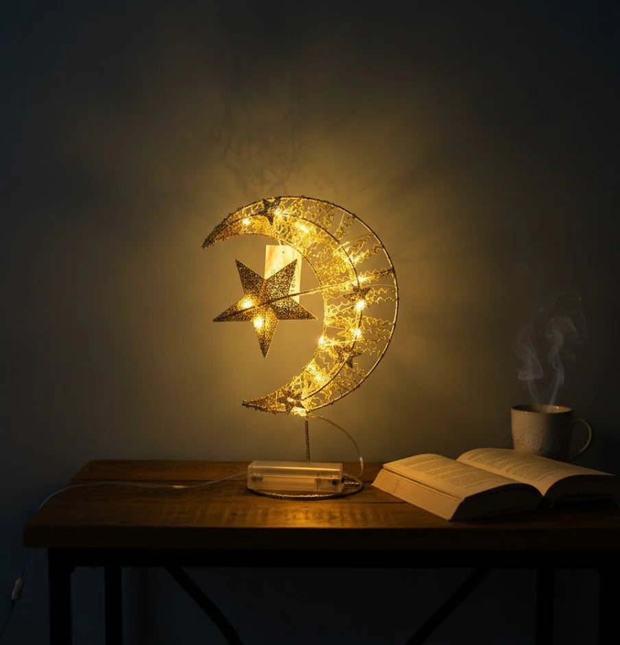 Gold Crescent Moon & Star LED Table Décor Light